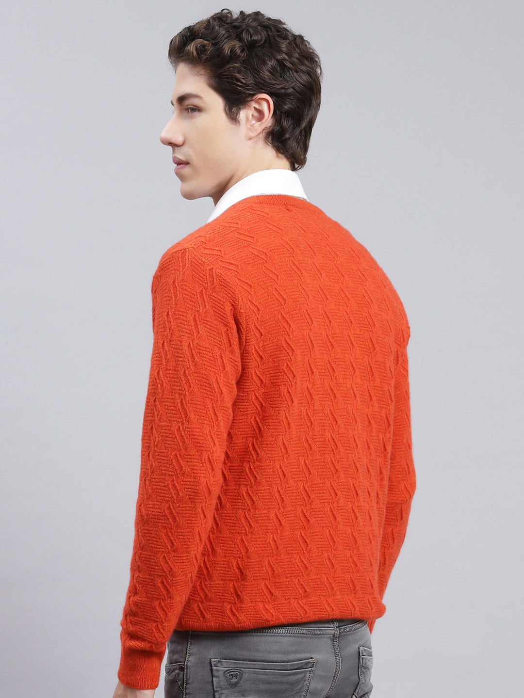 Men Orange Self Design Lamb wool Pullover