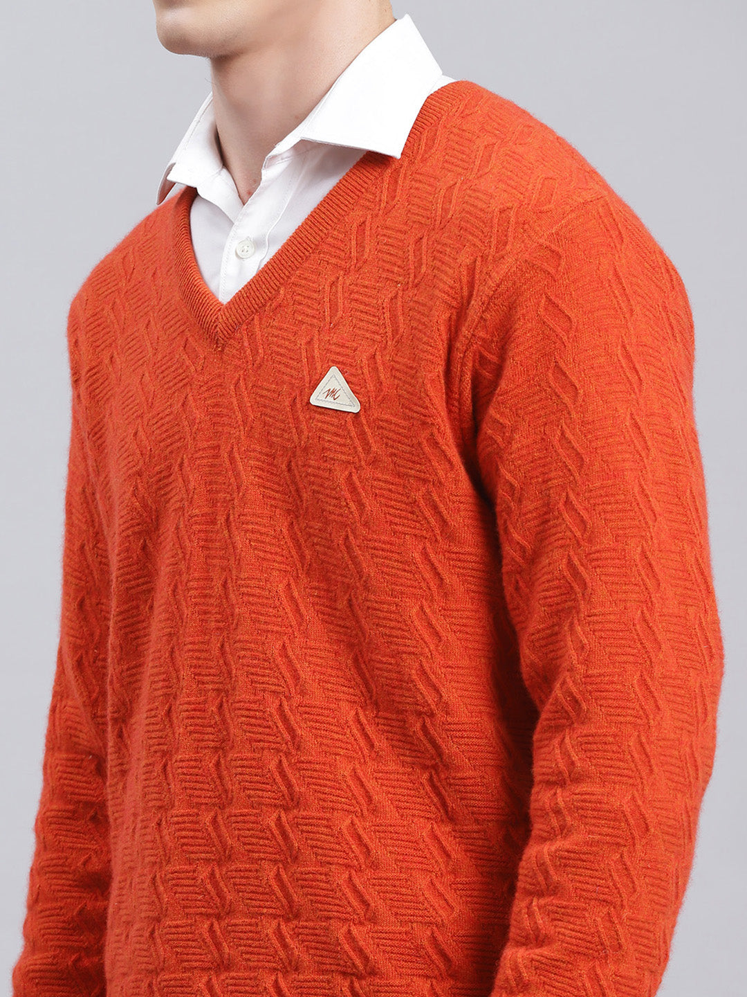 Men Orange Self Design Lamb wool Pullover
