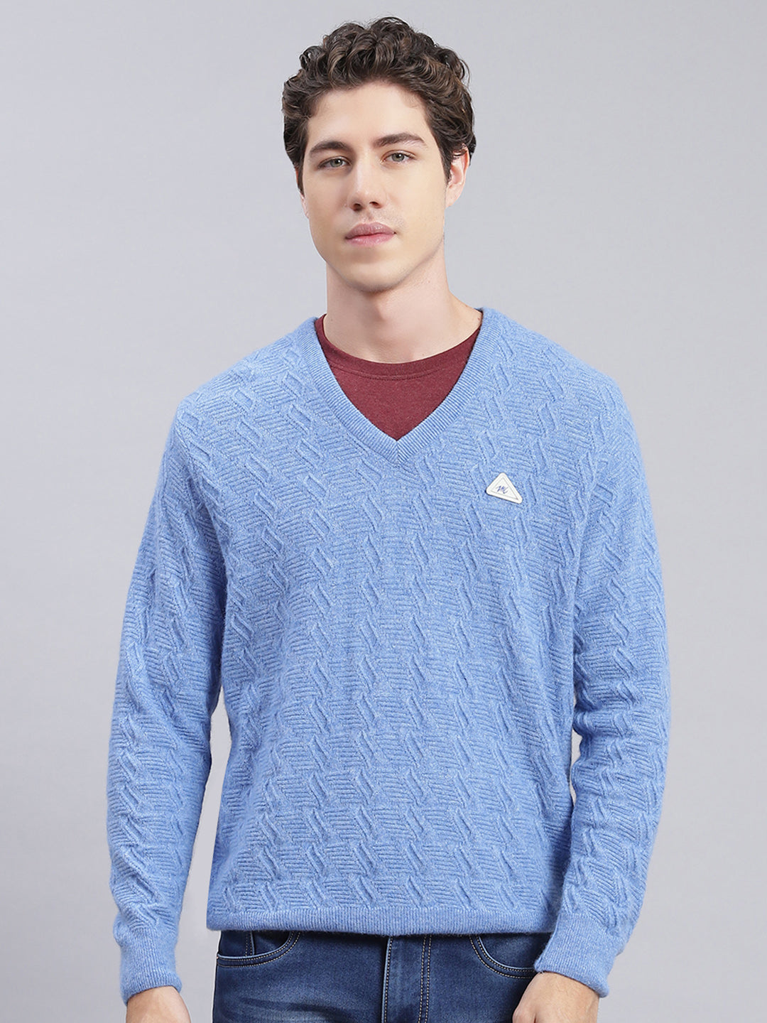 Men Sky Blue Self Design Lamb wool Pullover