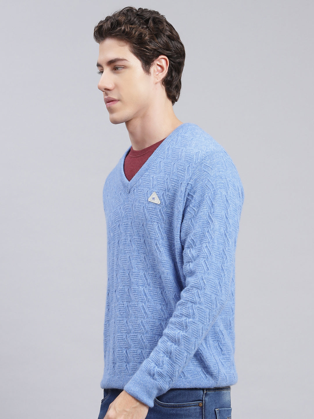 Men Sky Blue Self Design Lamb wool Pullover