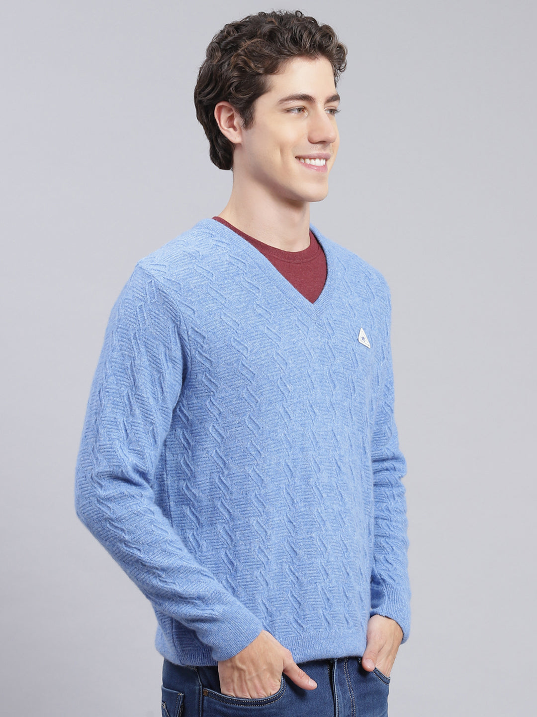 Men Sky Blue Self Design Lamb wool Pullover