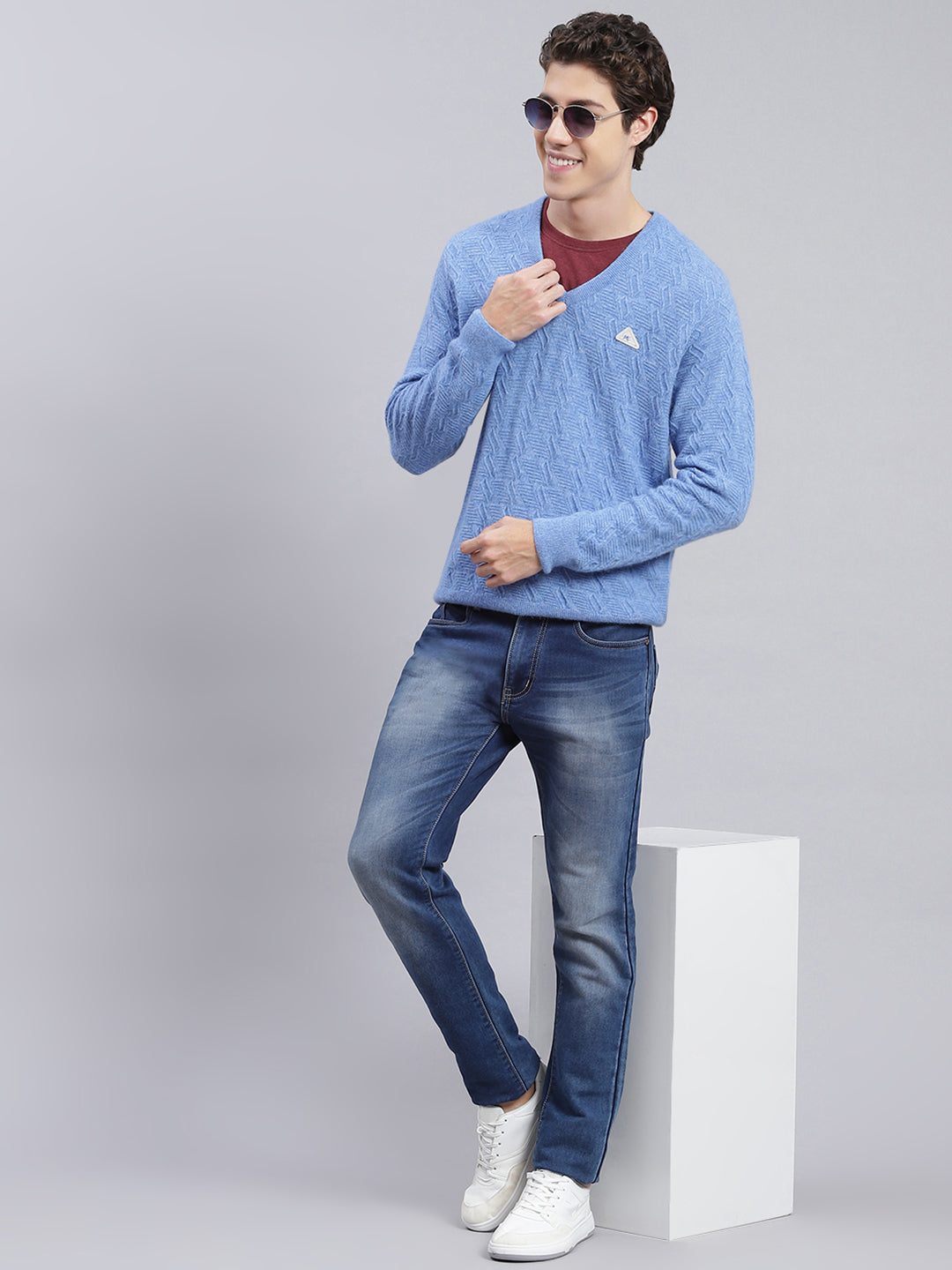 Men Sky Blue Self Design Lamb wool Pullover
