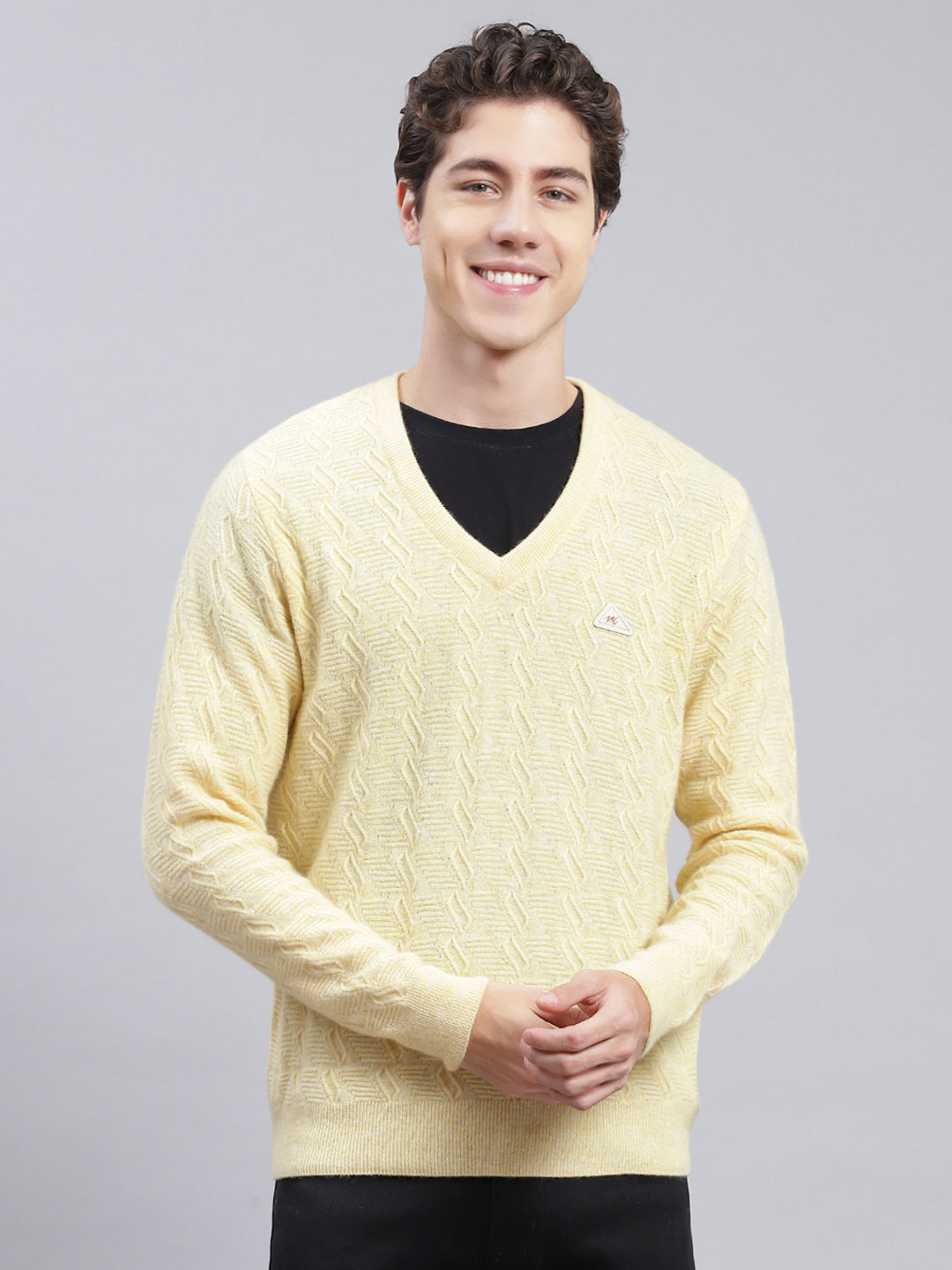 Men Yellow Self Design Lamb wool Pullover