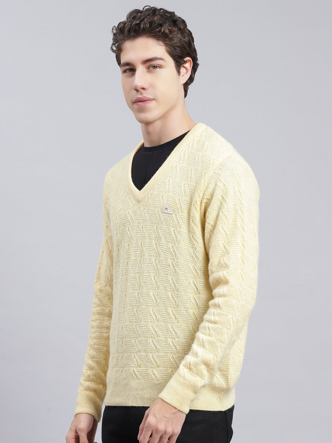 Men Yellow Self Design Lamb wool Pullover