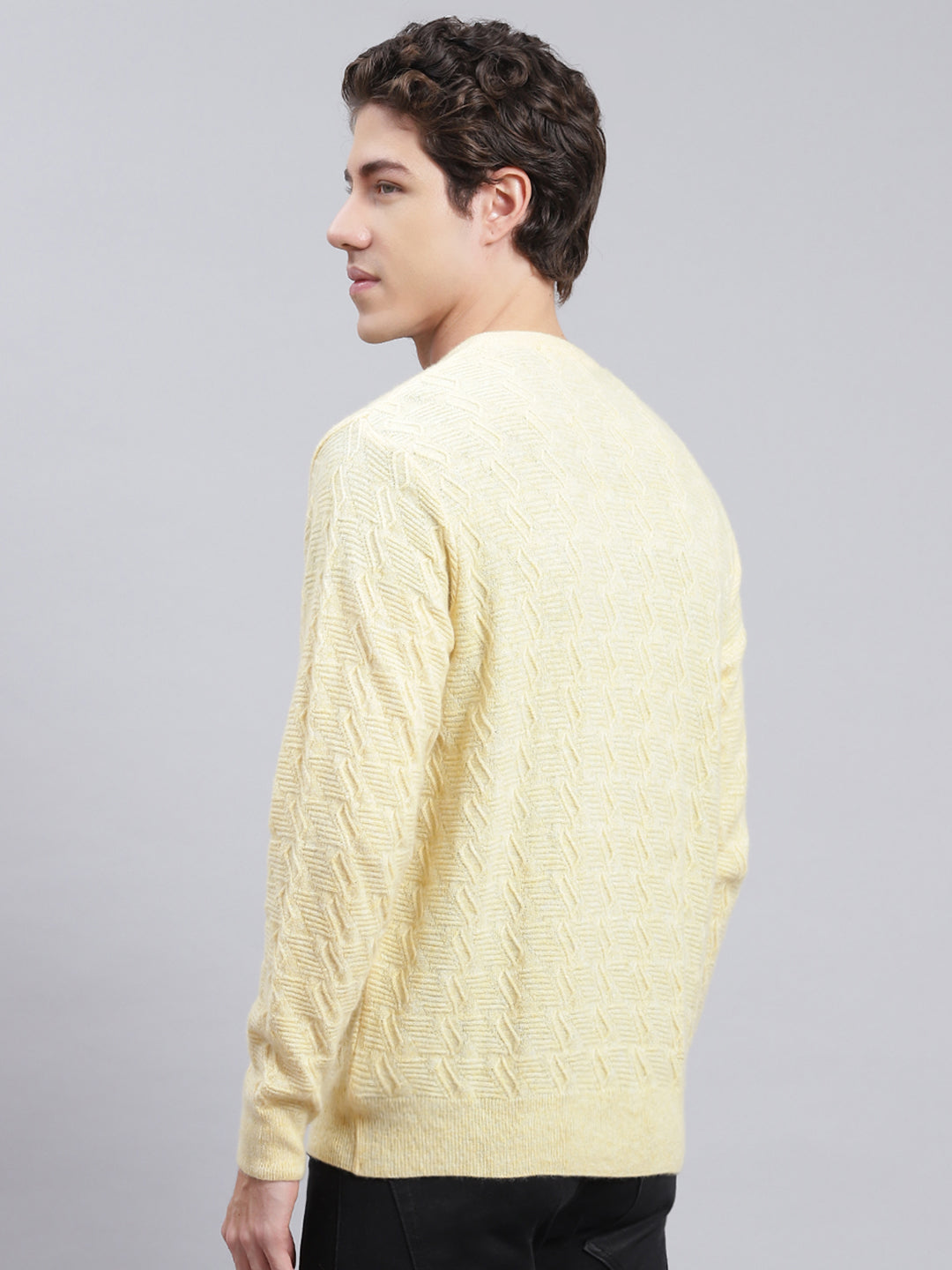 Men Yellow Self Design Lamb wool Pullover