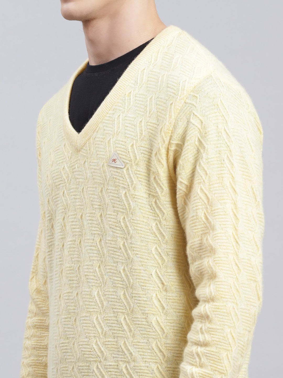 Men Yellow Self Design Lamb wool Pullover