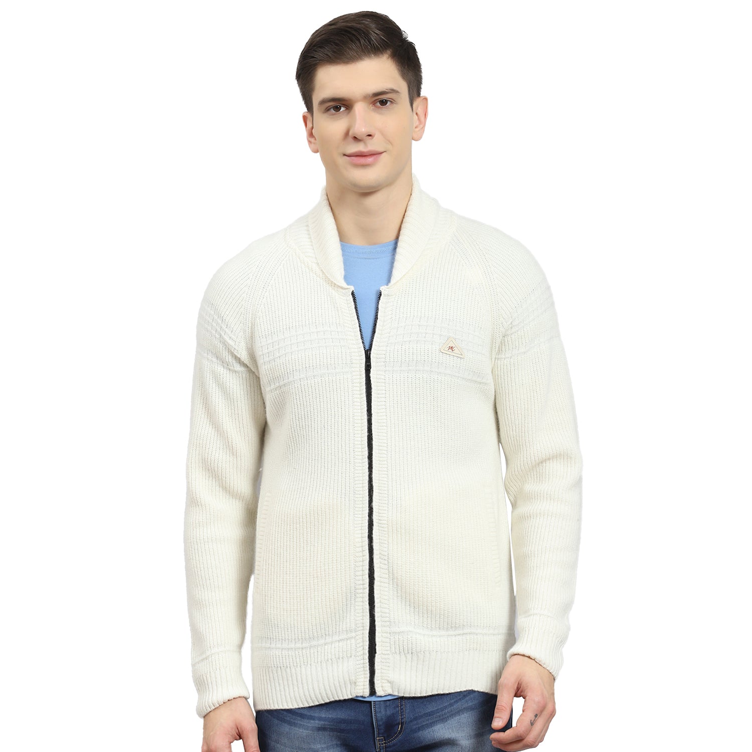 Men Off White Self Design Stand Collar Full Sleeve Sweater