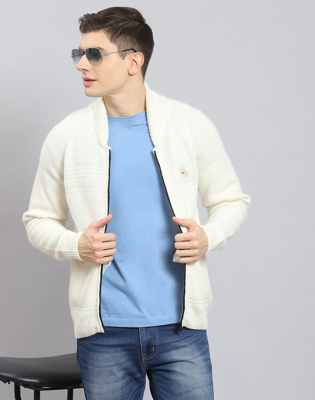 Men Off White Self Design Stand Collar Full Sleeve Sweater