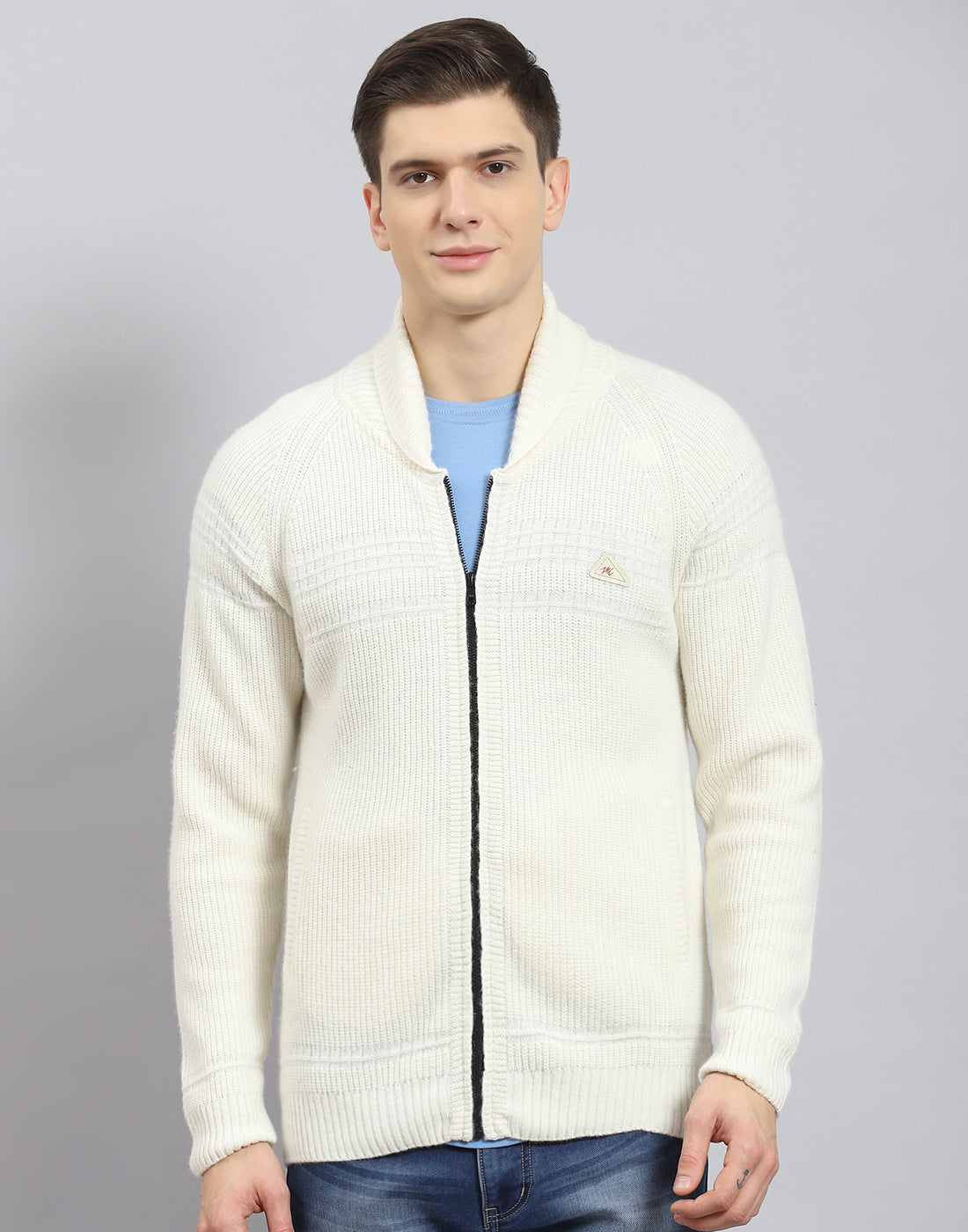 Men Off White Self Design Stand Collar Full Sleeve Sweater