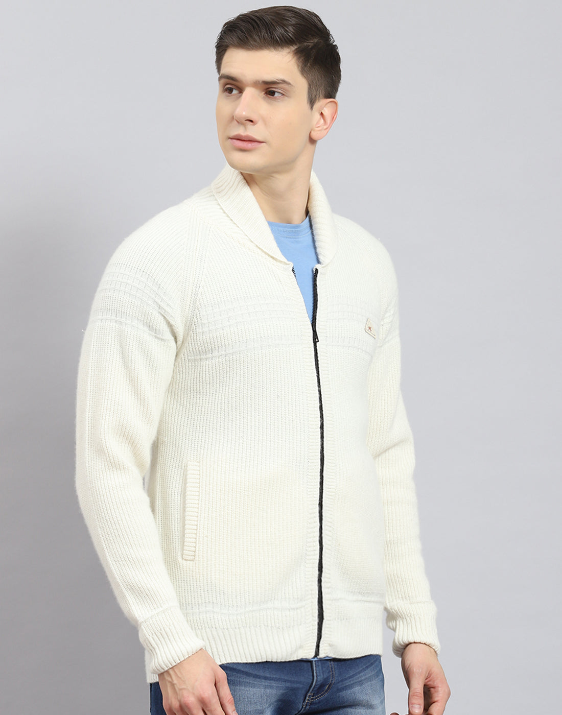 Men Off White Self Design Stand Collar Full Sleeve Sweater