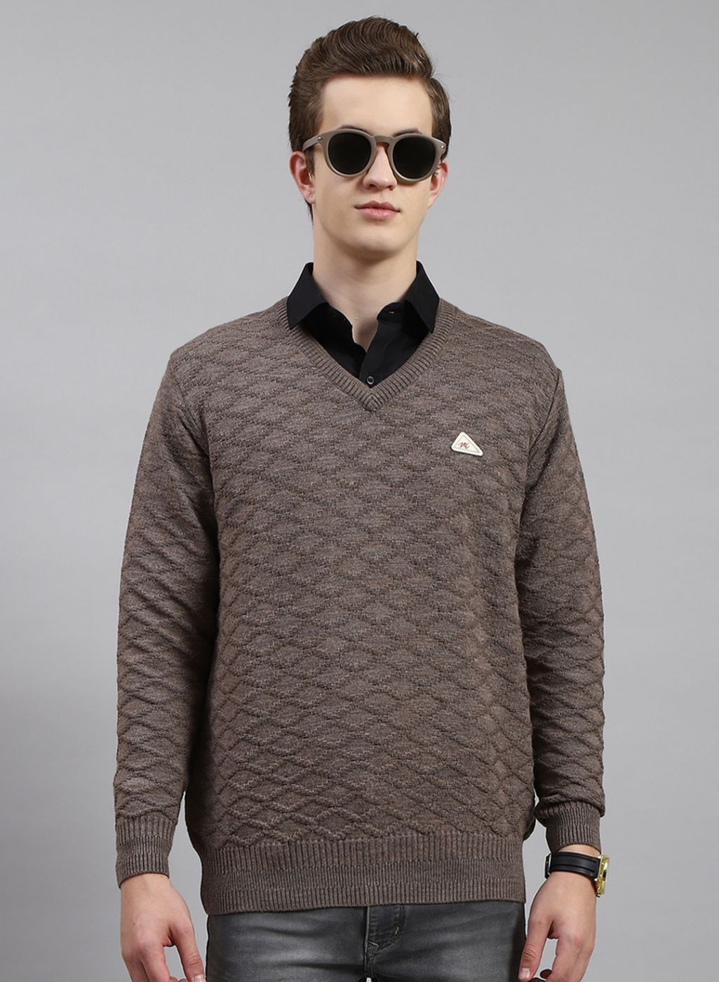 Men Beige Self Design Wool blend Pullover