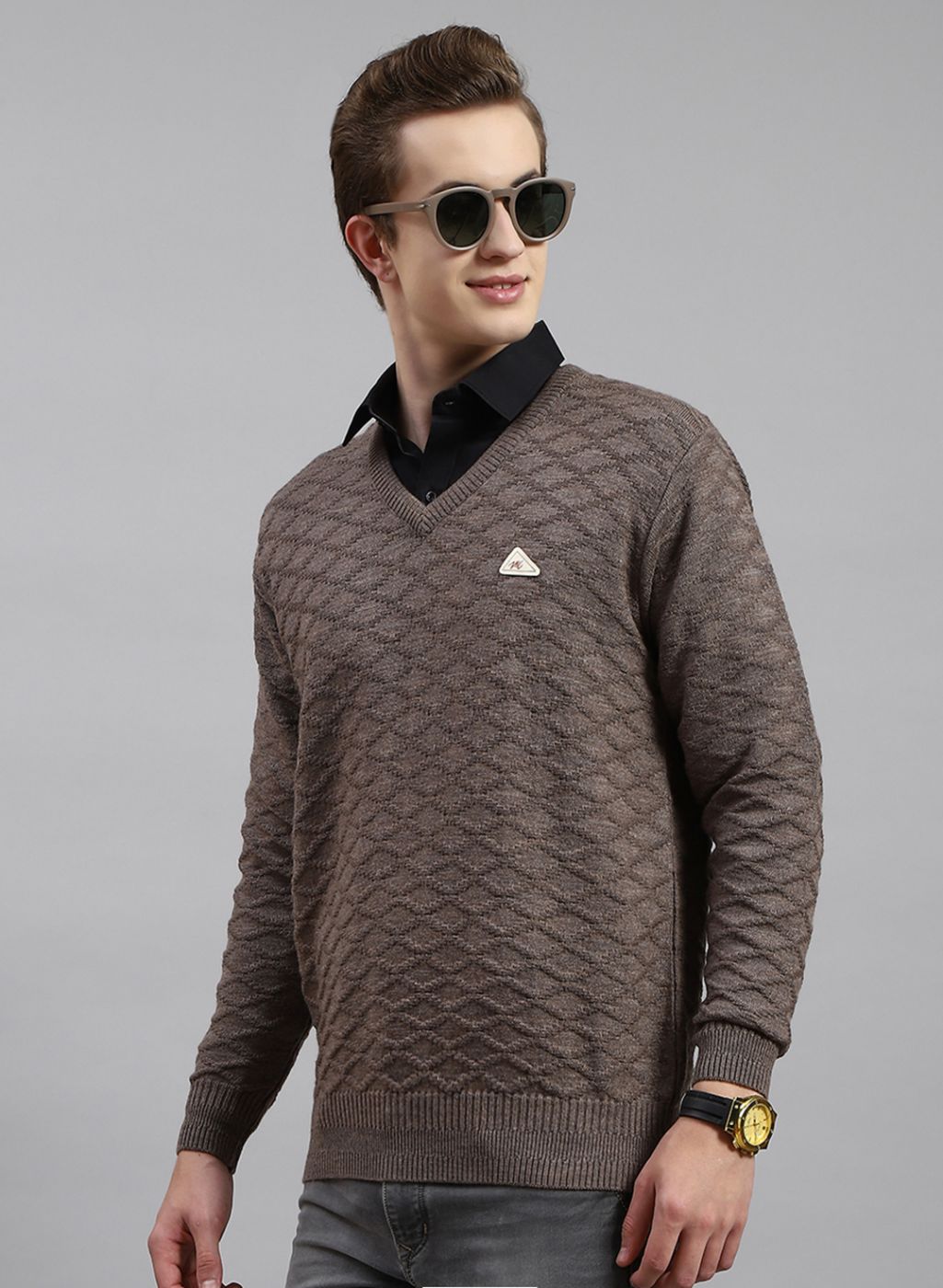 Men Beige Self Design Wool blend Pullover