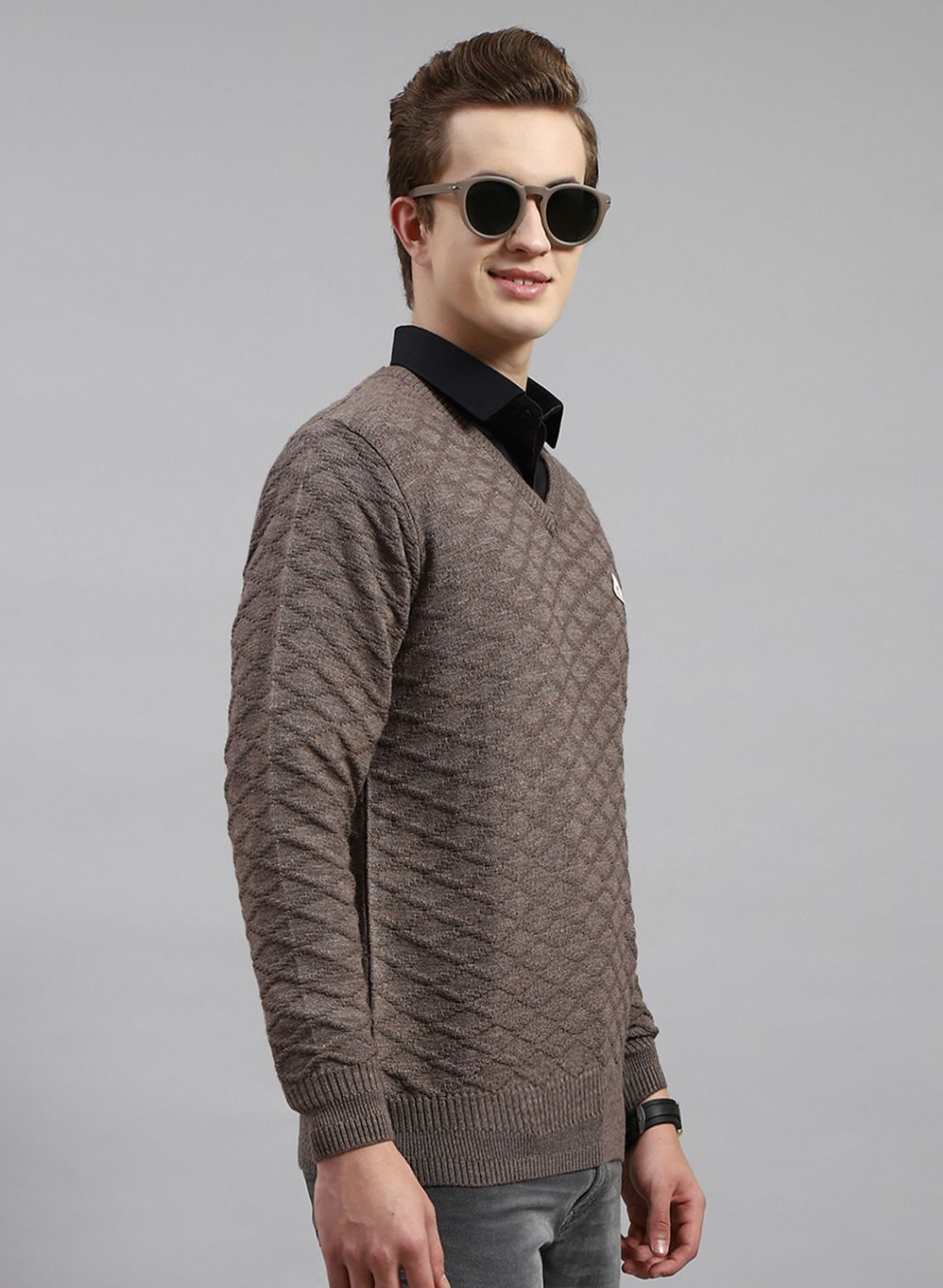 Men Beige Self Design Wool blend Pullover