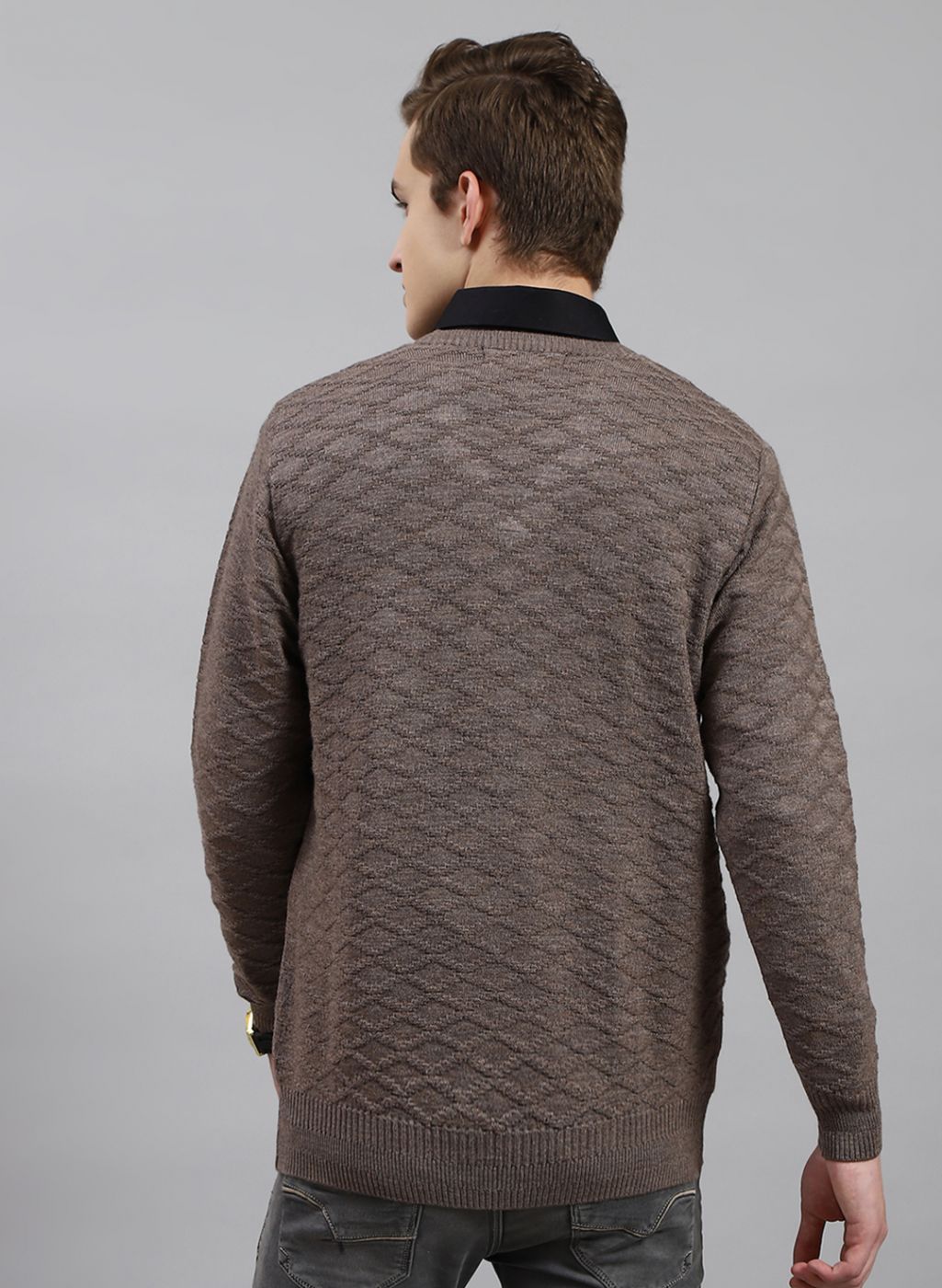 Men Beige Self Design Wool blend Pullover