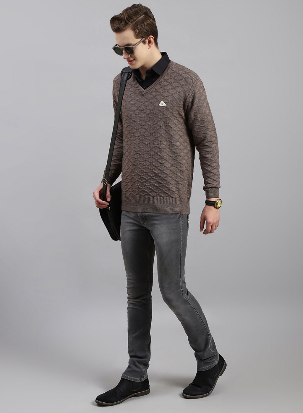Men Beige Self Design Wool blend Pullover