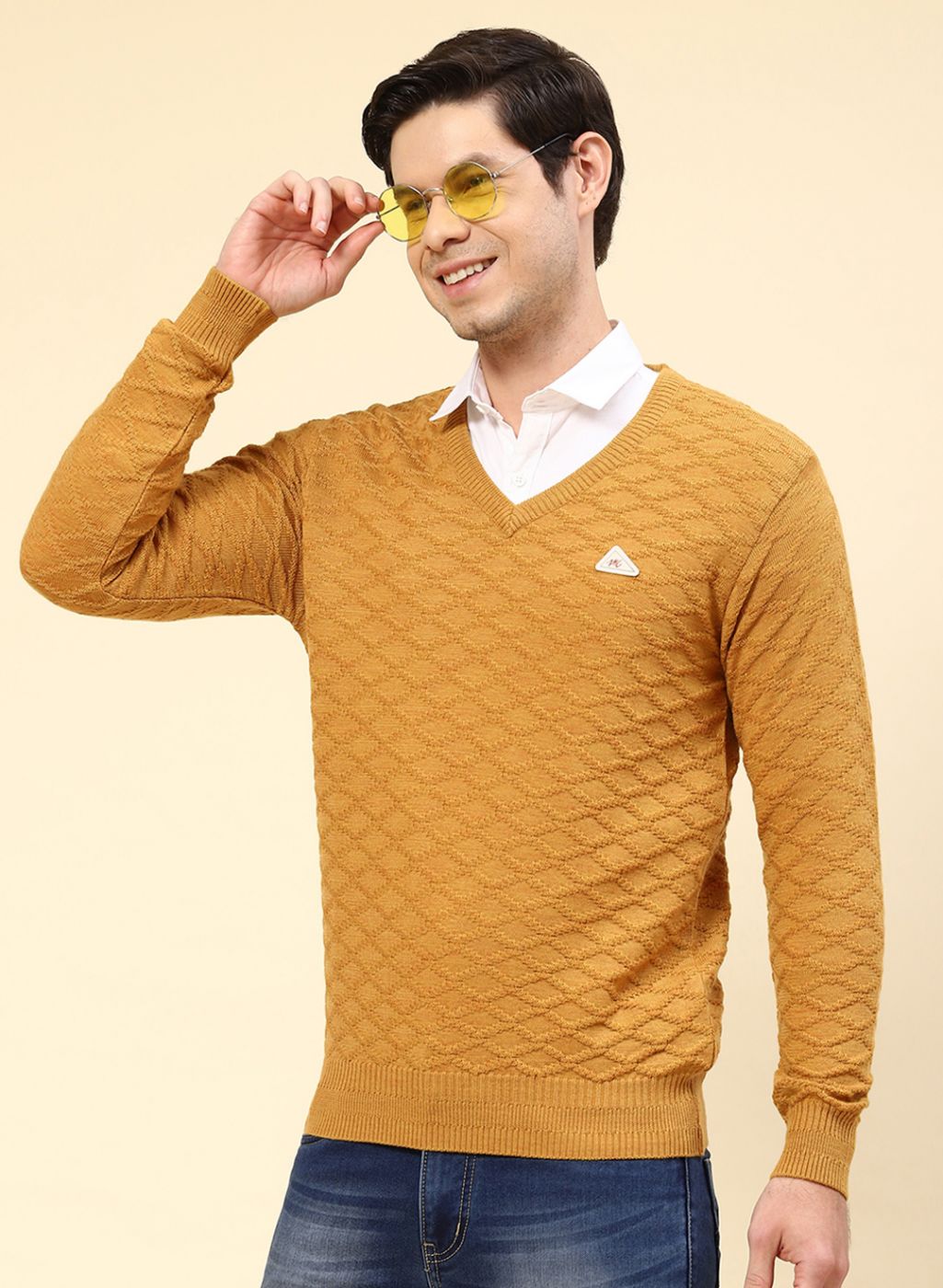 Men Mustard Self Design Wool blend Pullover