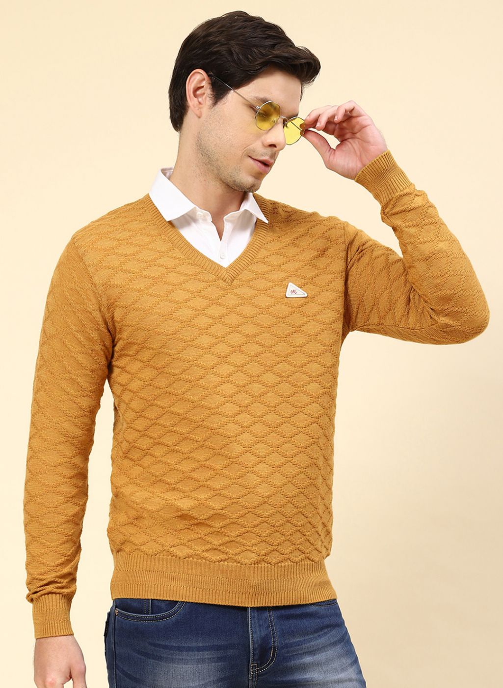 Men Mustard Self Design Wool blend Pullover
