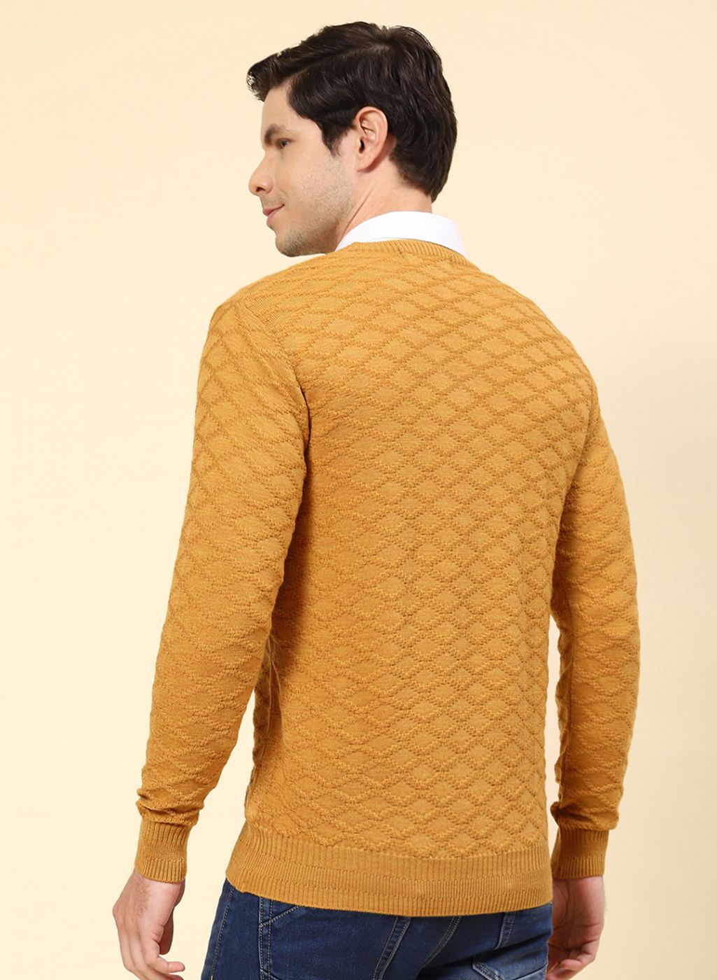 Men Mustard Self Design Wool blend Pullover