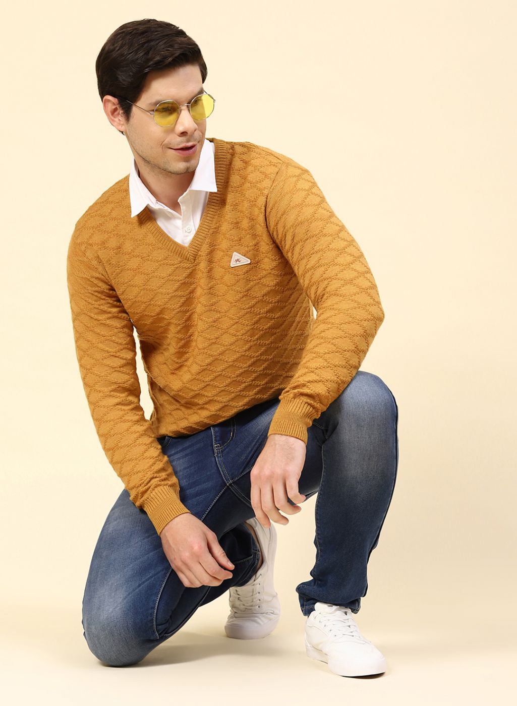 Buy Men Mustard Self Design Wool blend Pullover Online in India