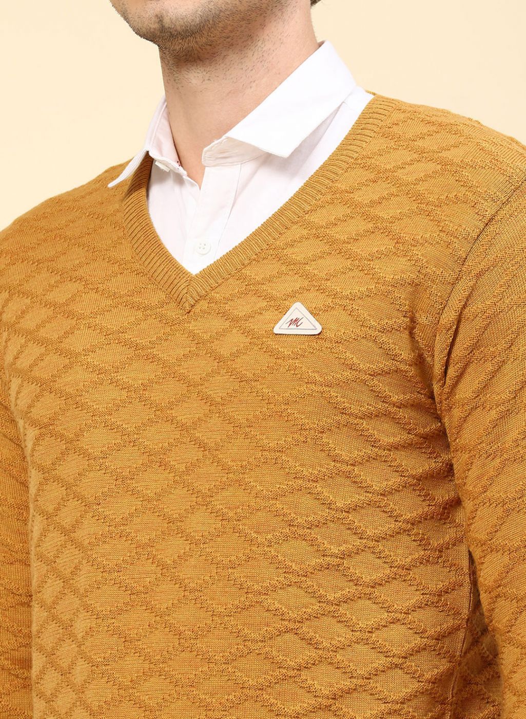 Men Mustard Self Design Wool blend Pullover
