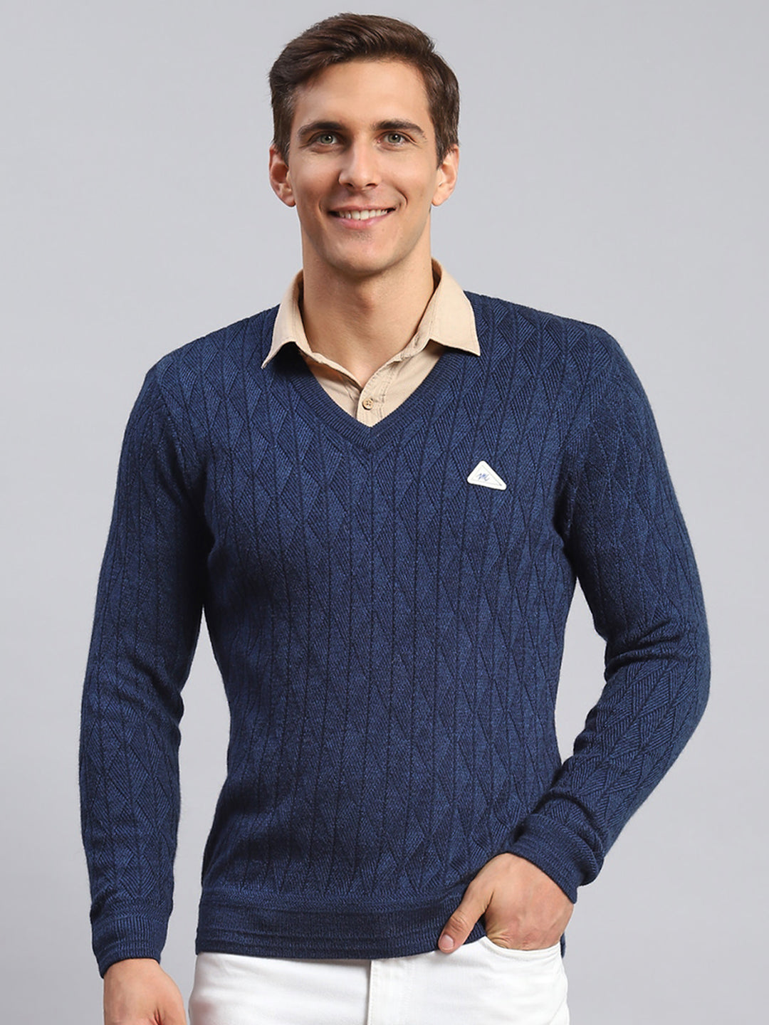 Men Navy Blue Self Design Wool blend Pullover