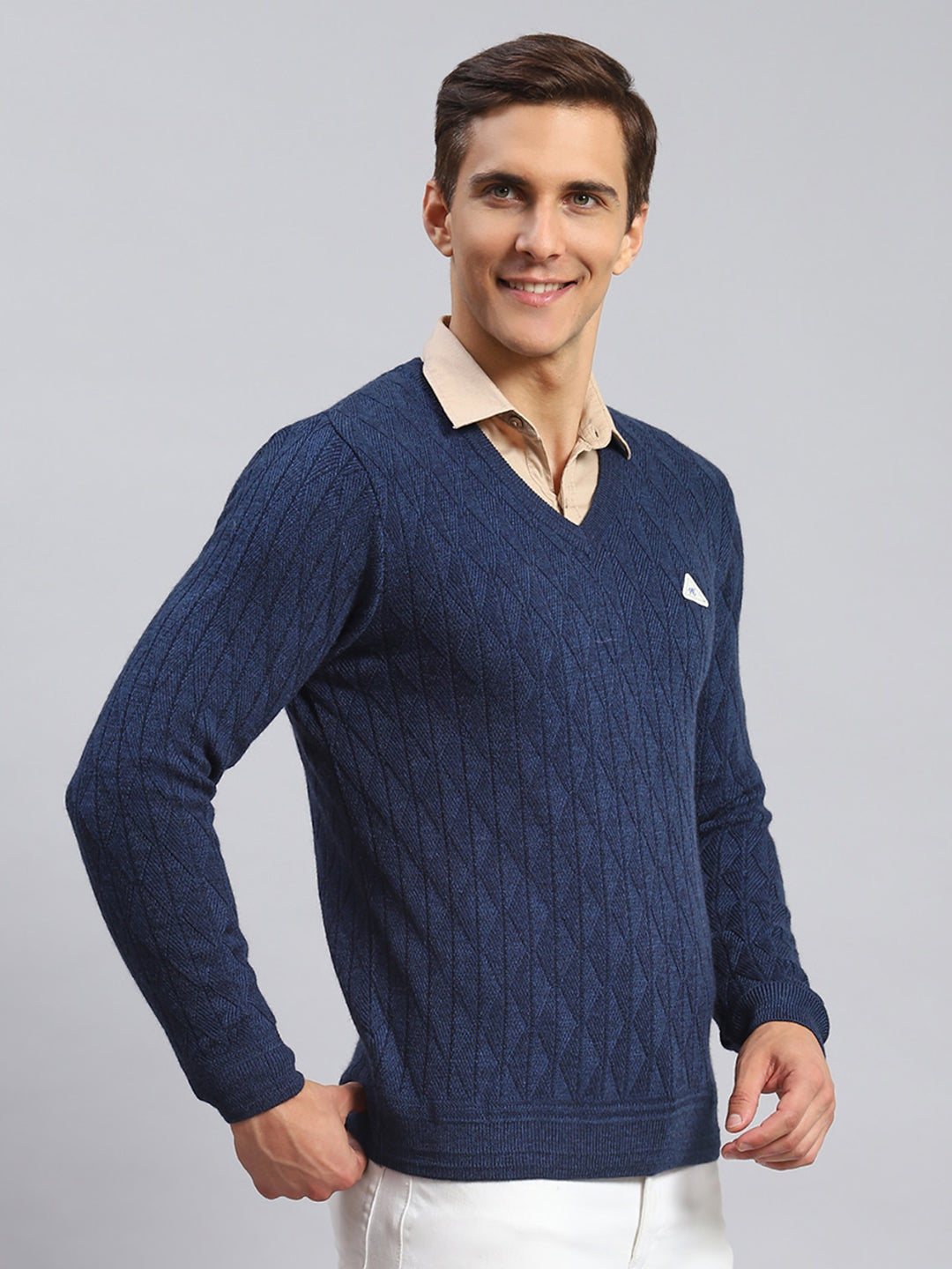 Men Navy Blue Self Design Wool blend Pullover