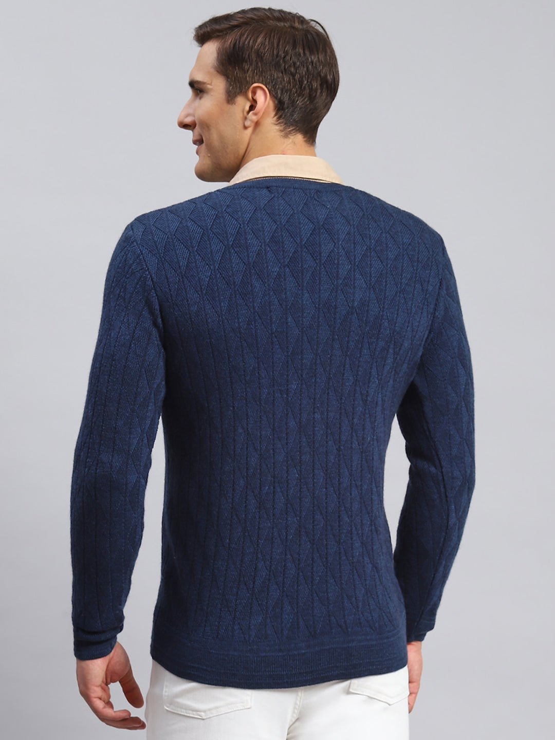 Men Navy Blue Self Design Wool blend Pullover