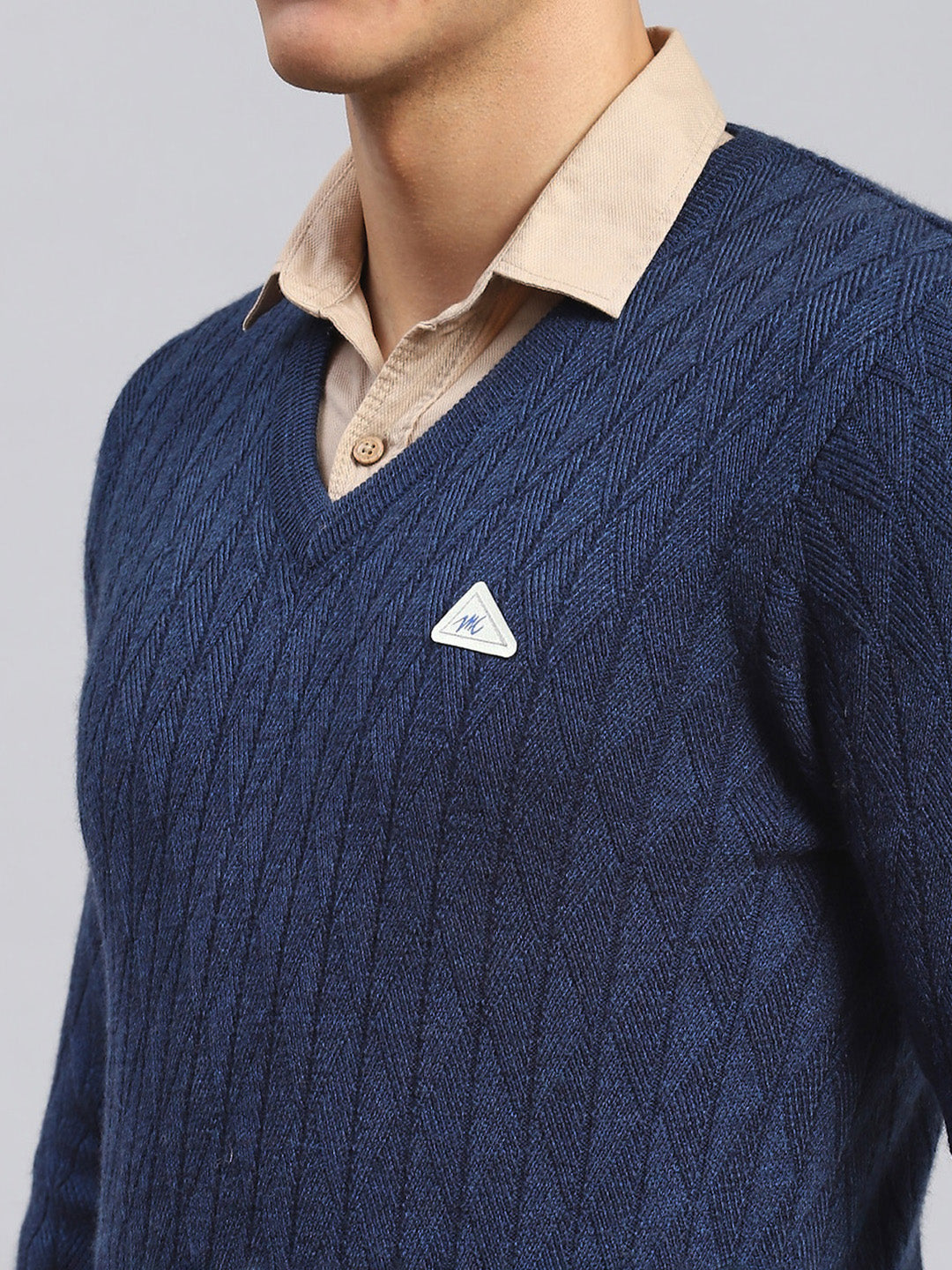 Men Navy Blue Self Design Wool blend Pullover