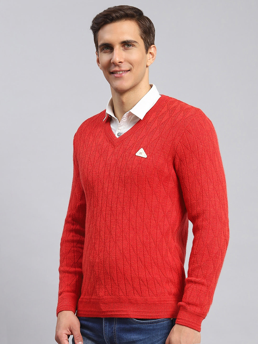 Men Red Self Design Wool blend Pullover