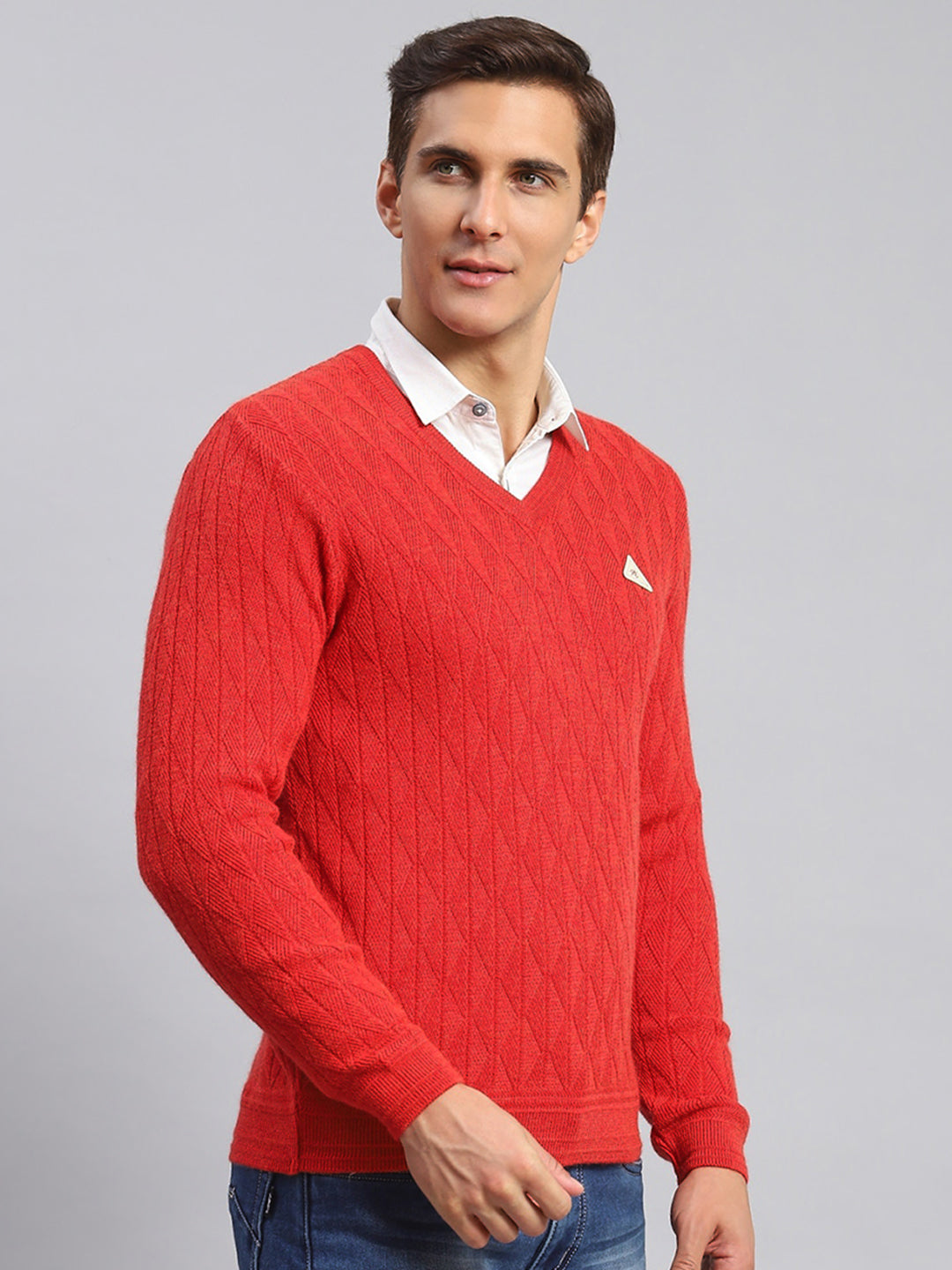 Men Red Self Design Wool blend Pullover