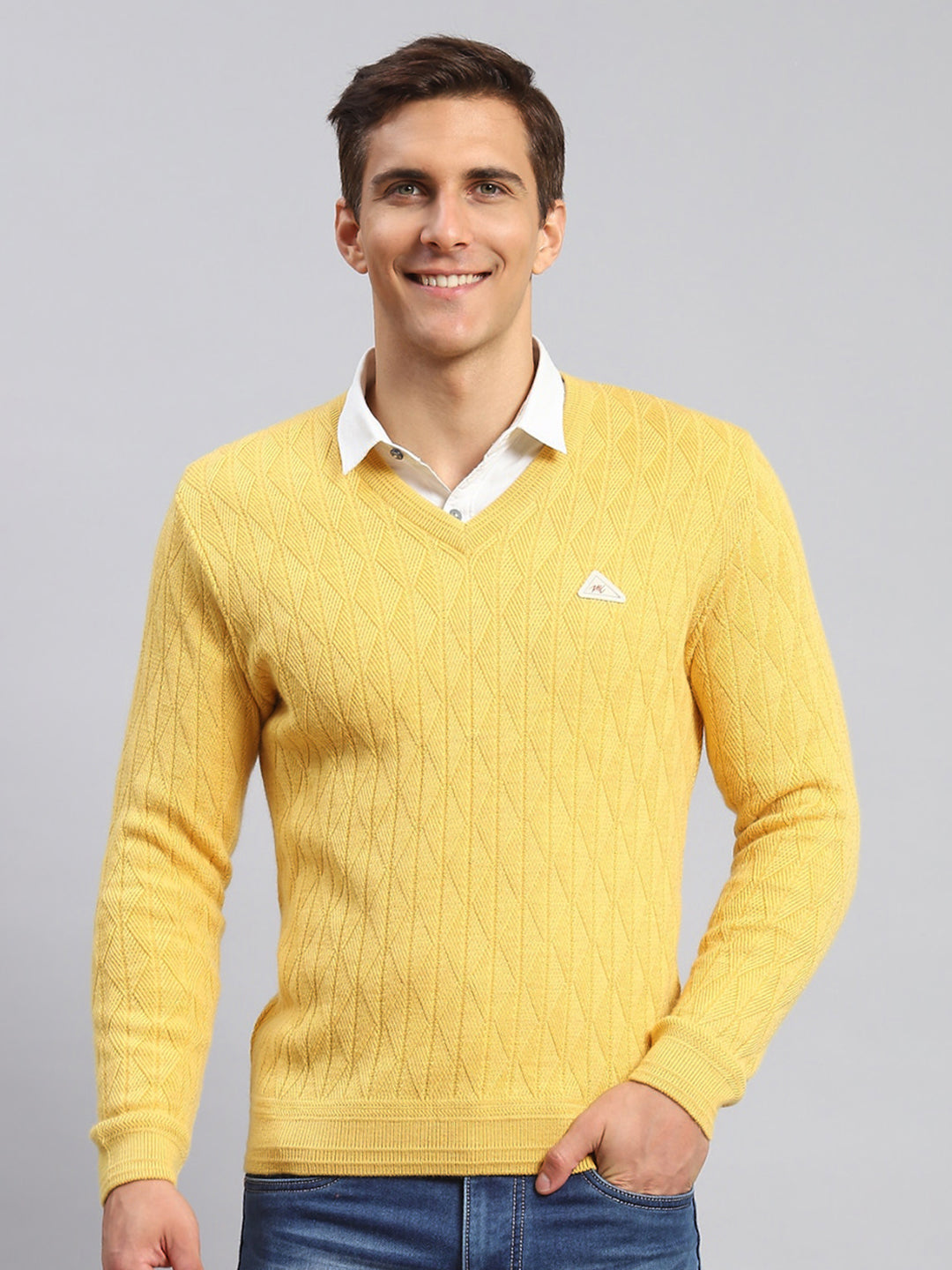 Men Yellow Self Design Wool blend Pullover