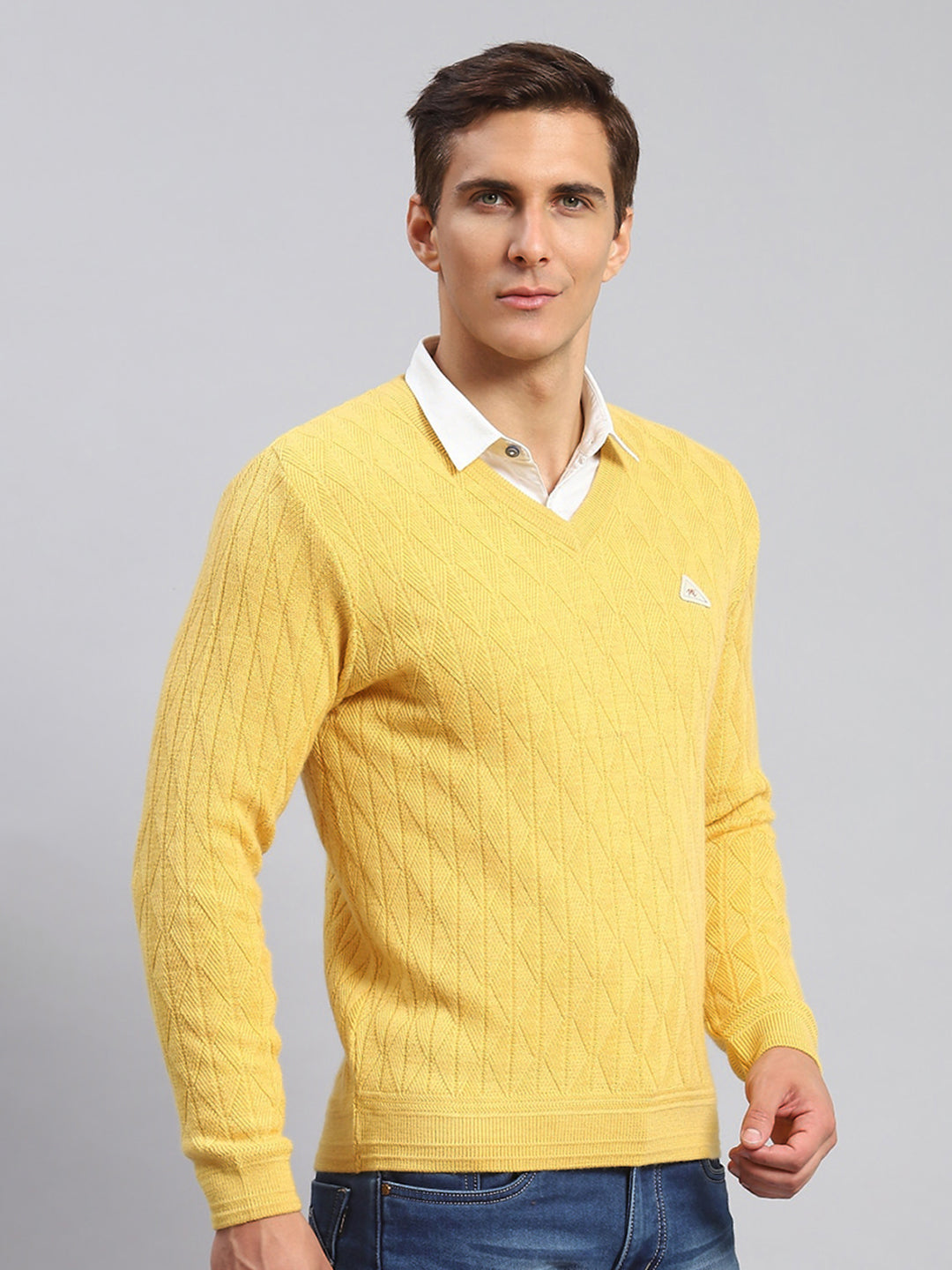 Men Yellow Self Design Wool blend Pullover