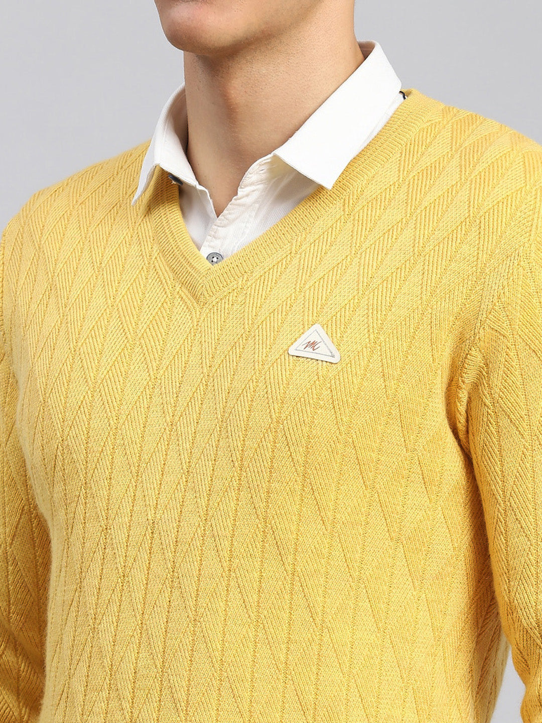 Men Yellow Self Design Wool blend Pullover