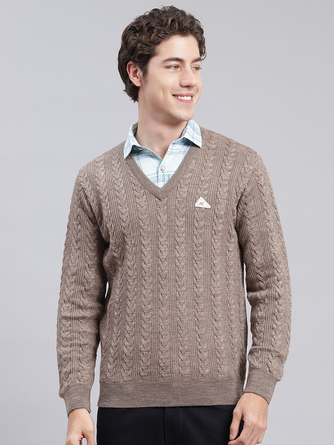 Men Brown Self Design Wool blend Pullover
