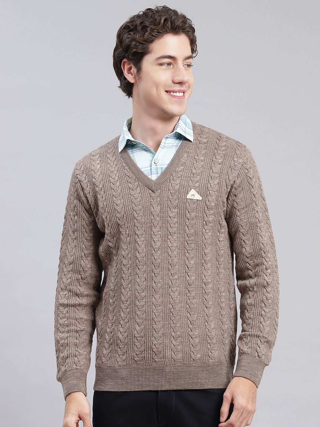 Men Brown Self Design Wool blend Pullover