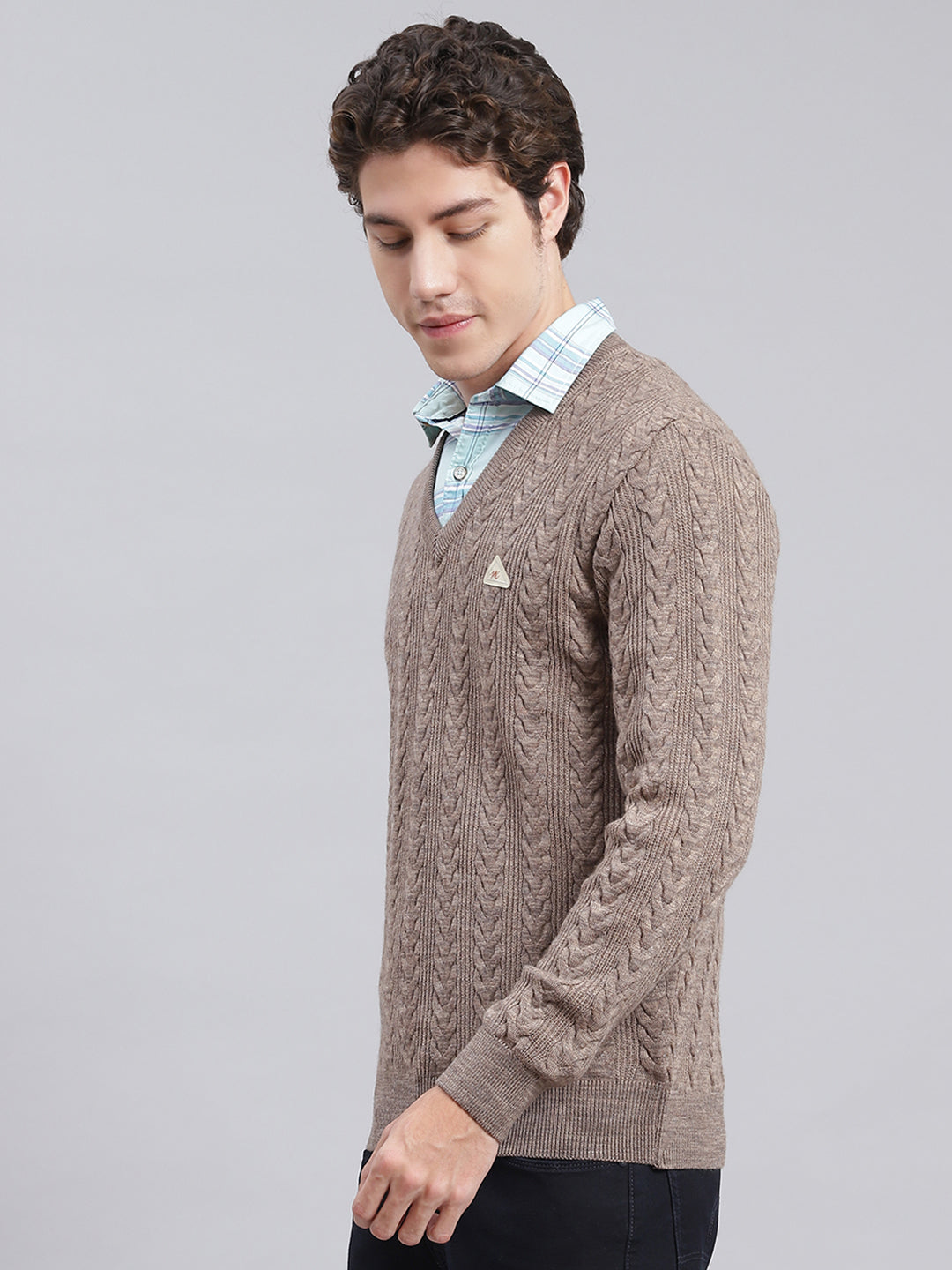 Men Brown Self Design Wool blend Pullover