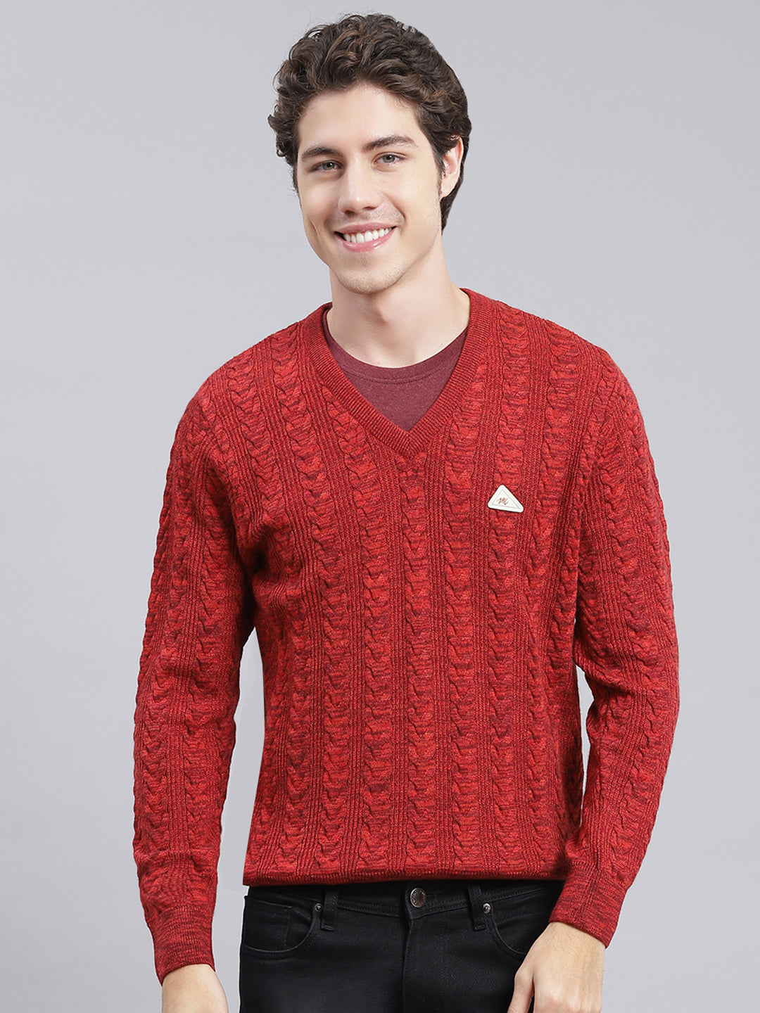 Men Maroon Self Design Wool blend Pullover