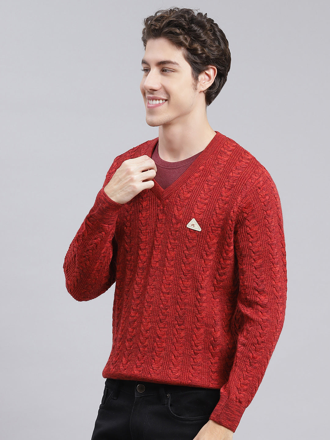 Men Maroon Self Design Wool blend Pullover