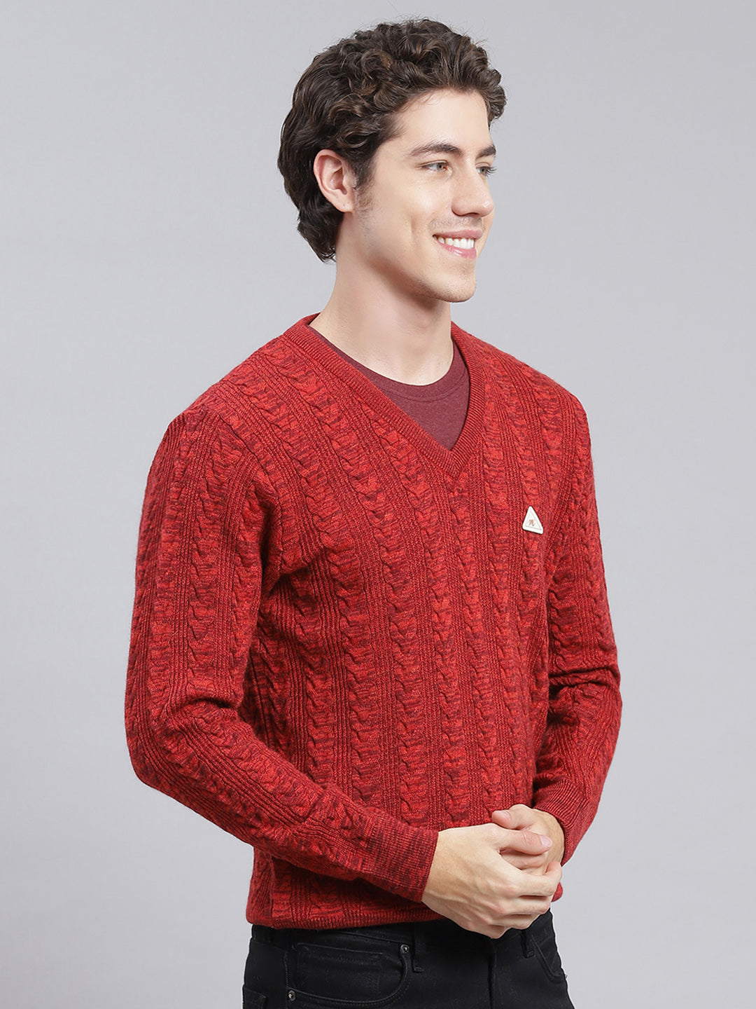 Men Maroon Self Design Wool blend Pullover