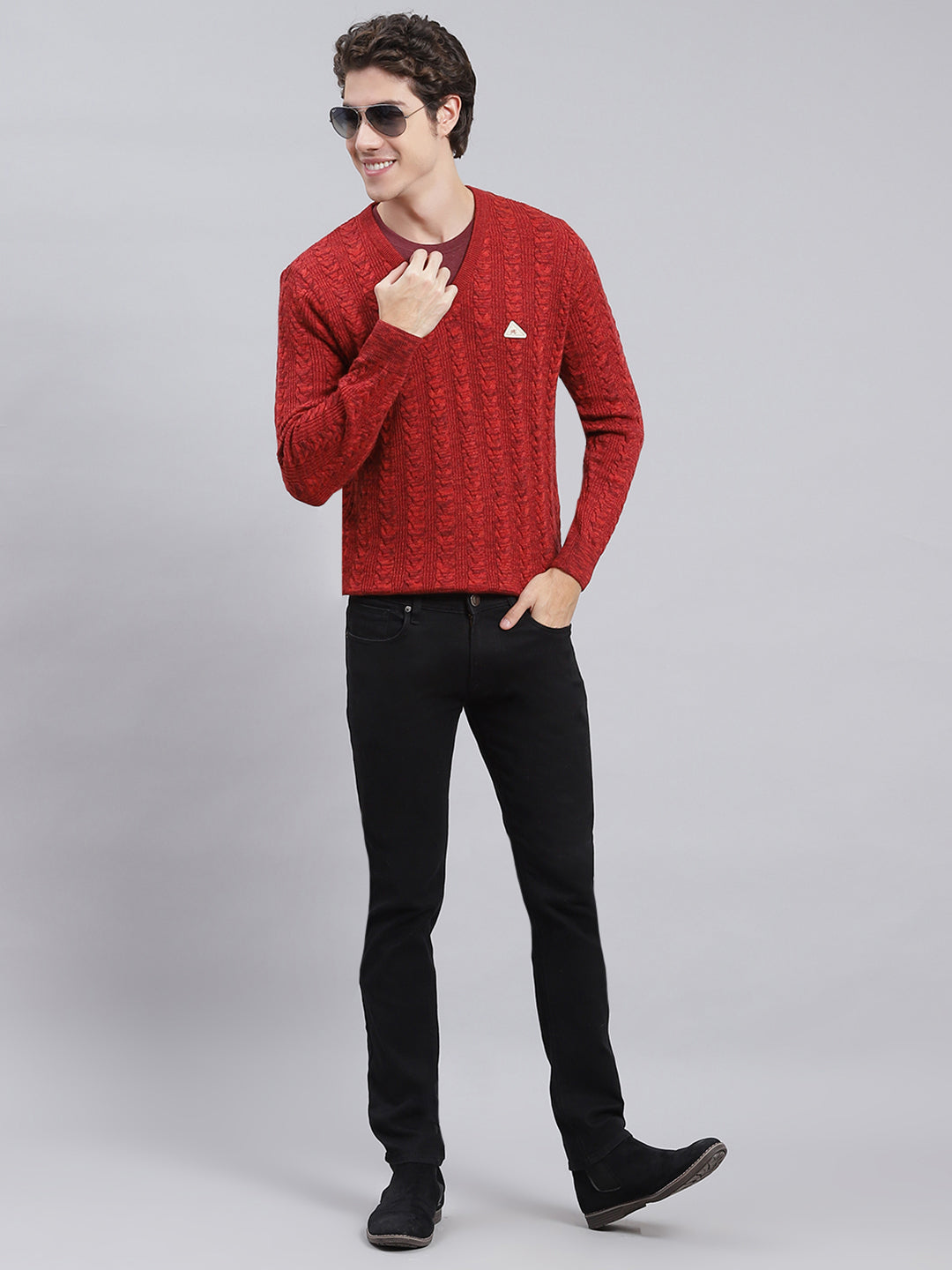 Men Maroon Self Design Wool blend Pullover