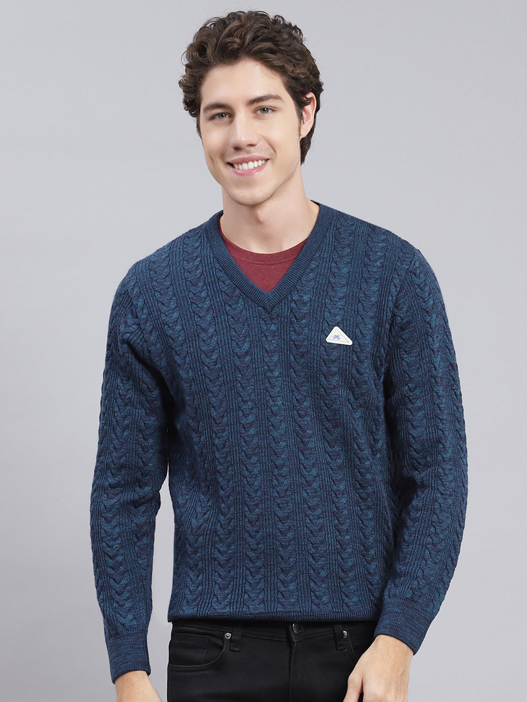 Men Blue Self Design Wool blend Pullover