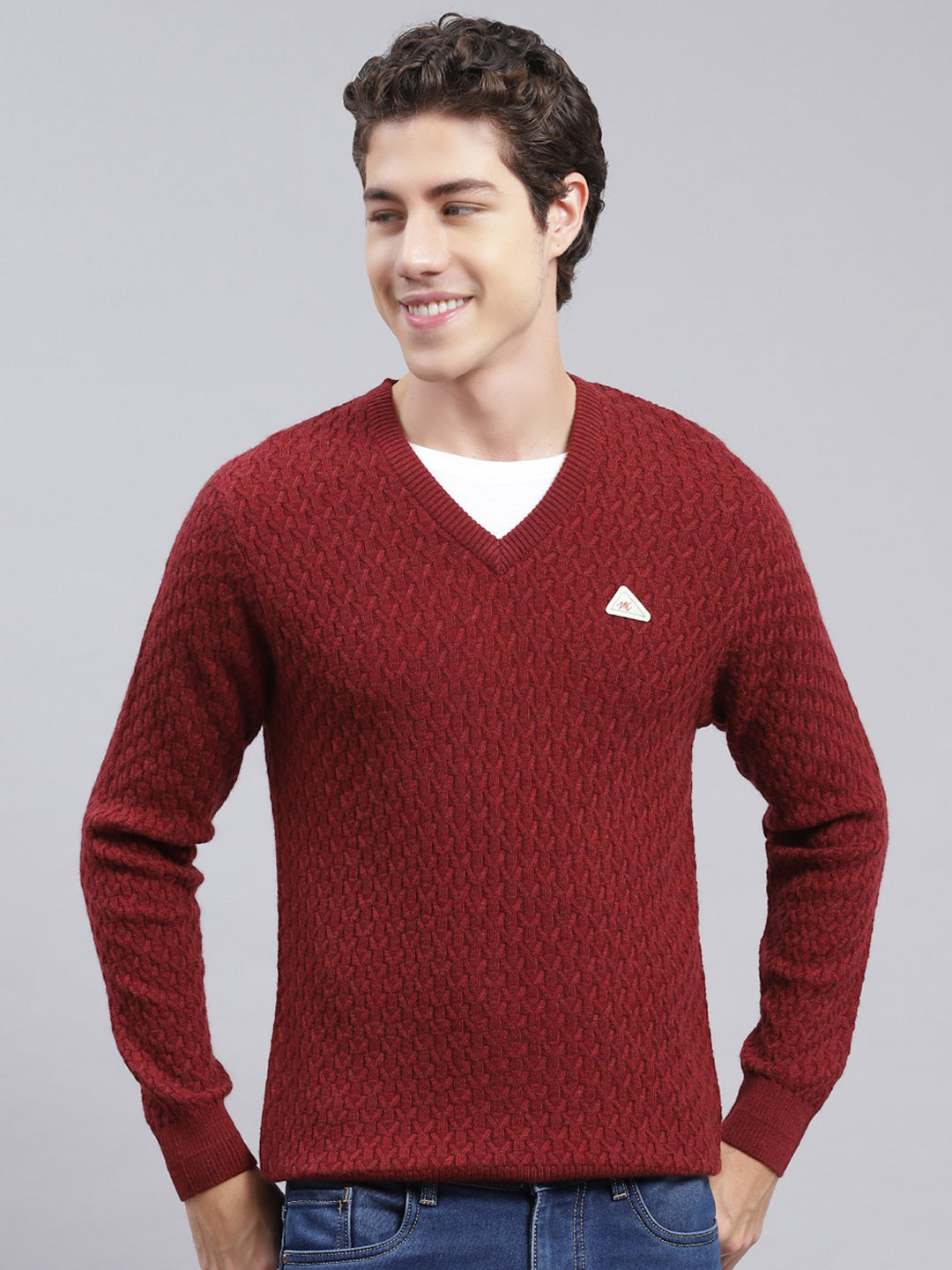Men Maroon Self Design Wool blend Pullover