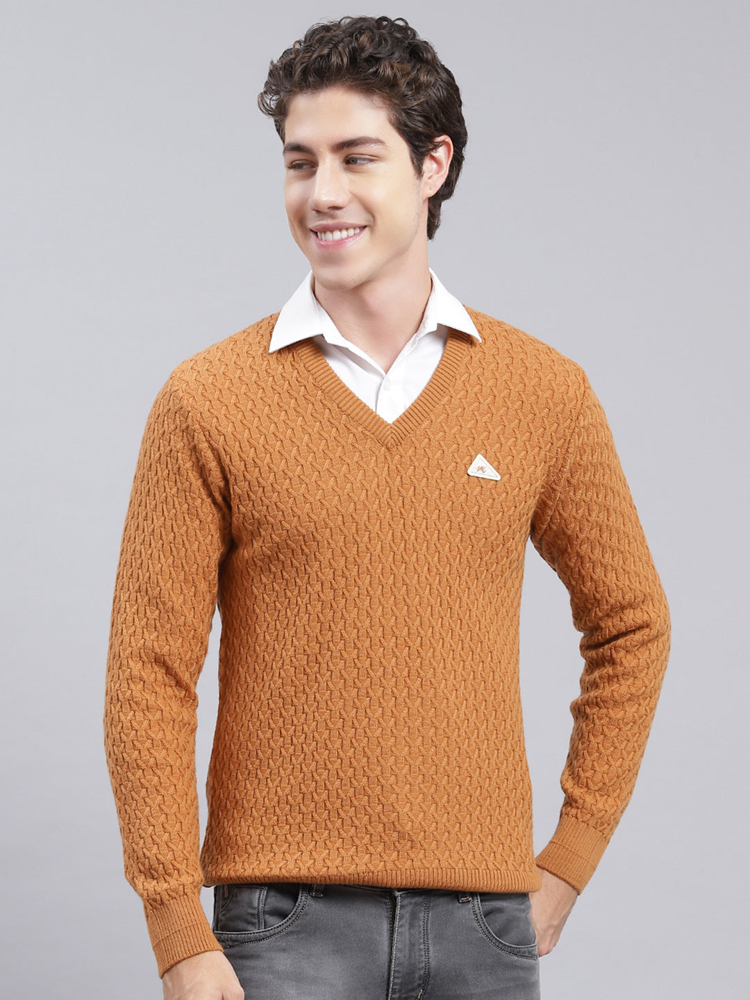 Men Mustard Self Design Wool blend Pullover