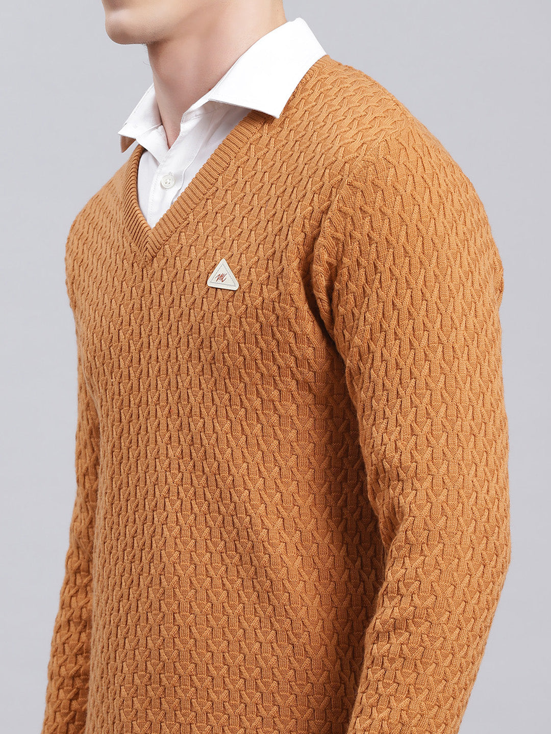 Men Mustard Self Design Wool blend Pullover