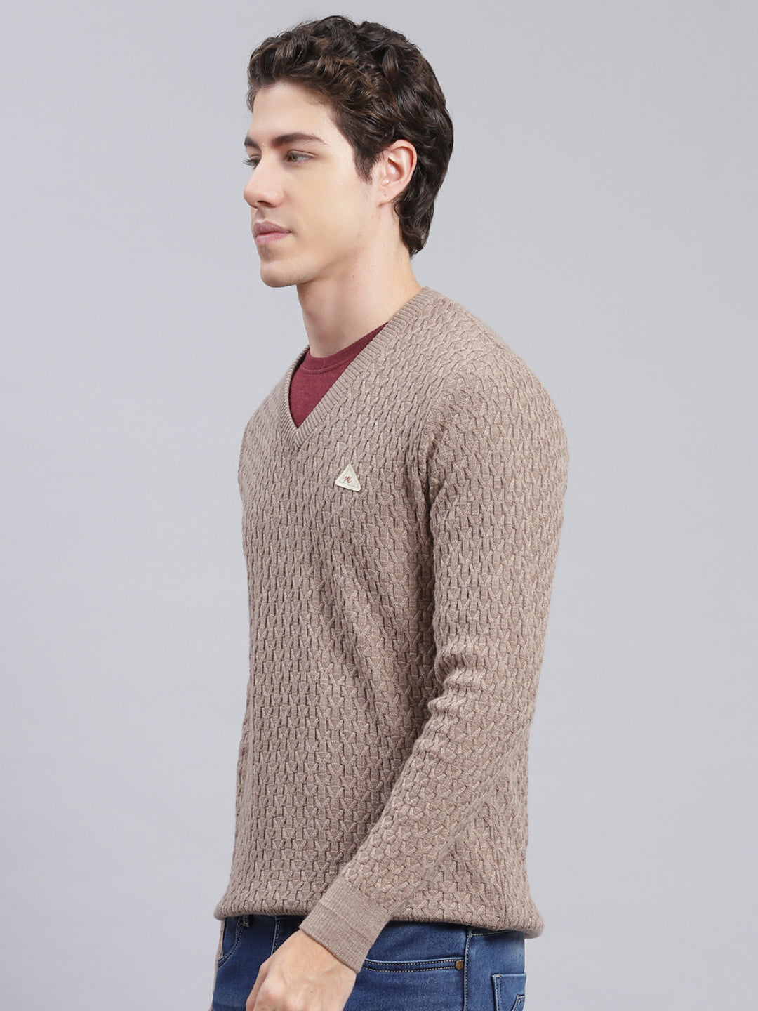 Men Light Brown Self Design Wool blend Pullover