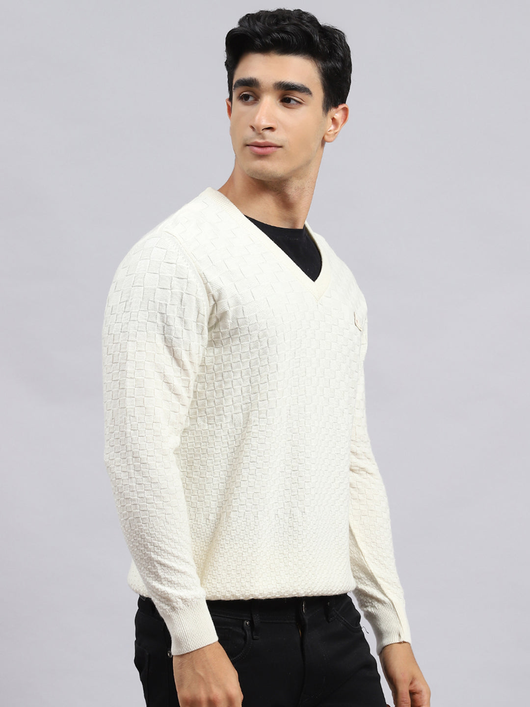 Men Off White Self Pullover