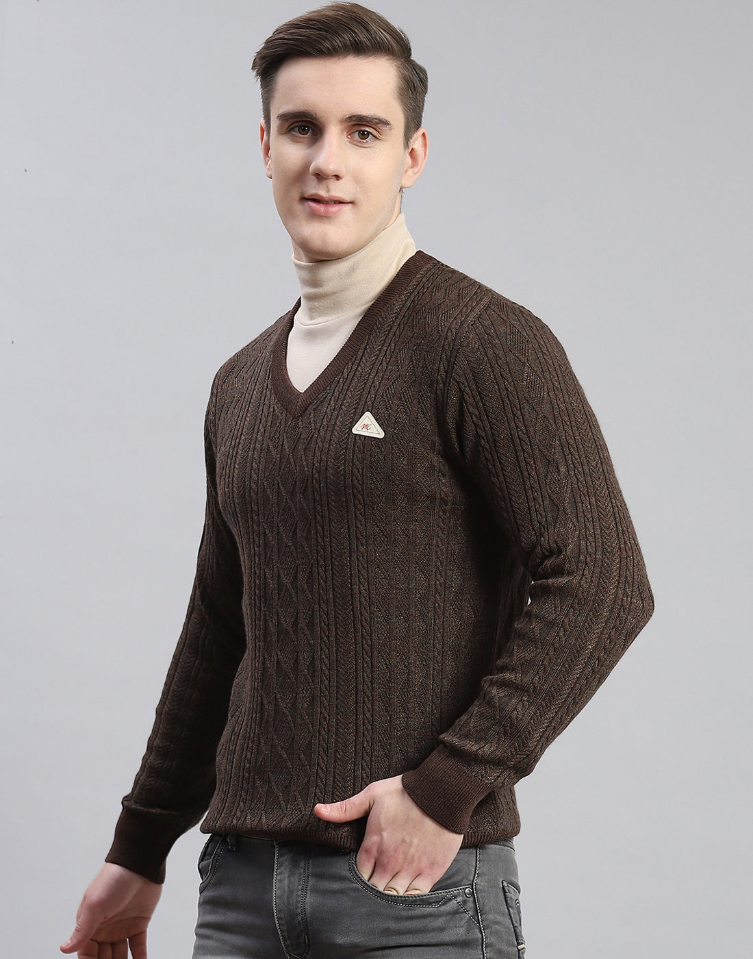 Men Brown Self Design V Neck Full Sleeve Pullover