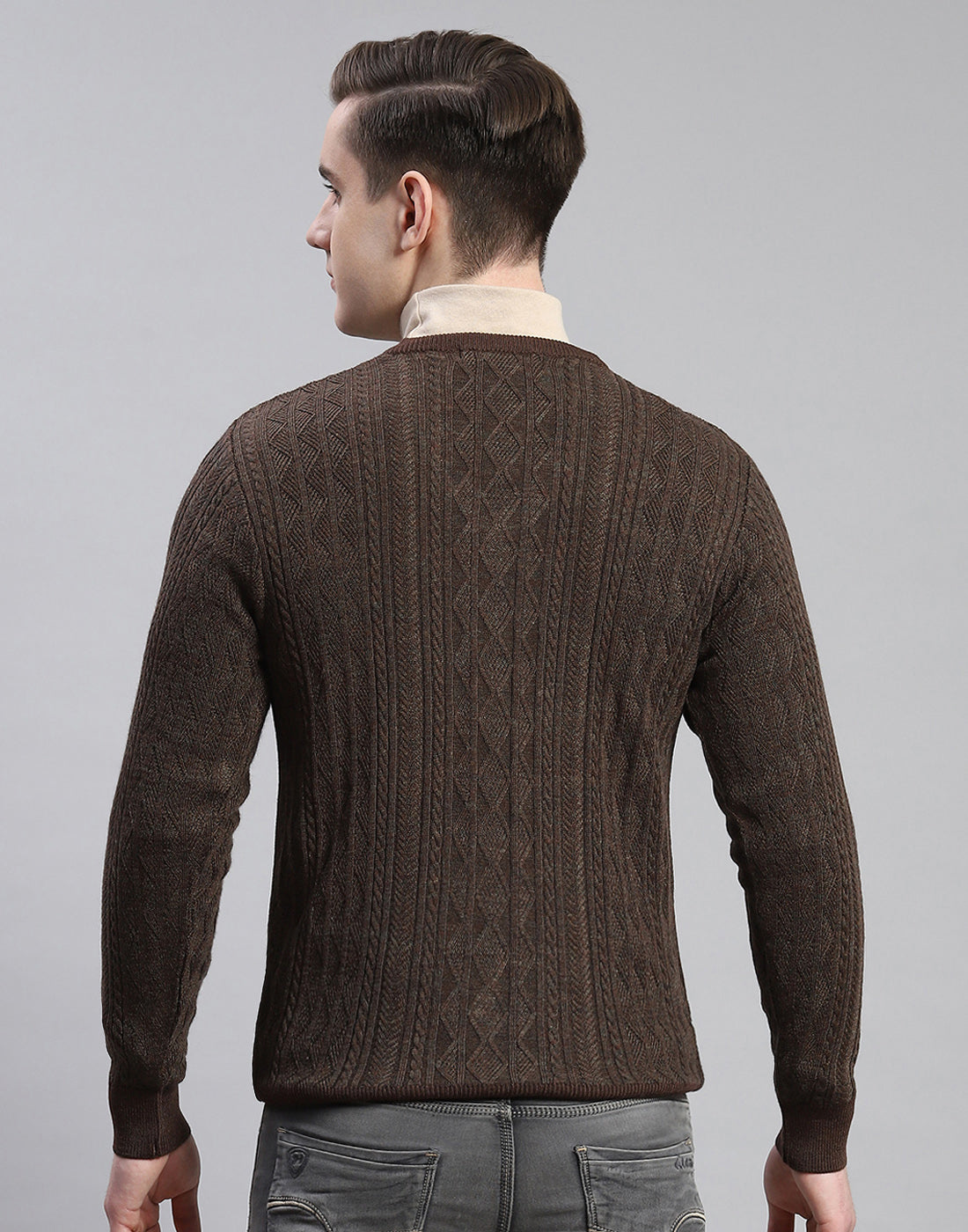 Men Brown Self Design V Neck Full Sleeve Pullover