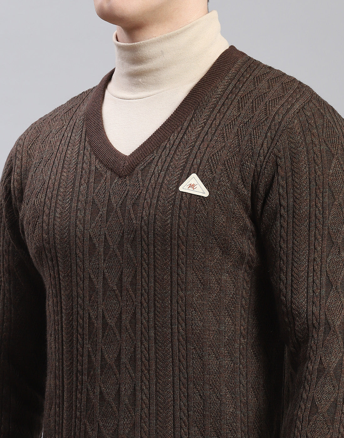 Men Brown Self Design V Neck Full Sleeve Pullover