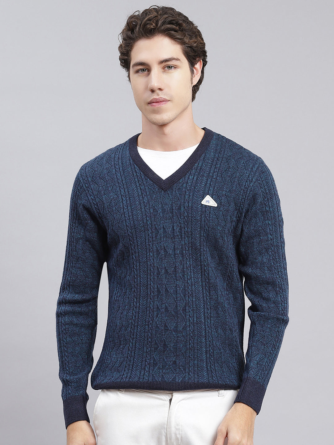 Men Blue Self Design Wool blend Pullover